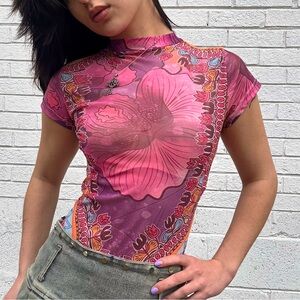 Y2K Psychedelic Mesh Floral Bodysuit Top Small